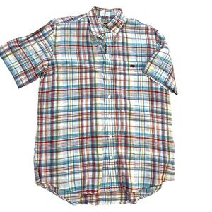 Perlis 100% linen crawfish plaid Seersucker button collar Short Sleeve in L
